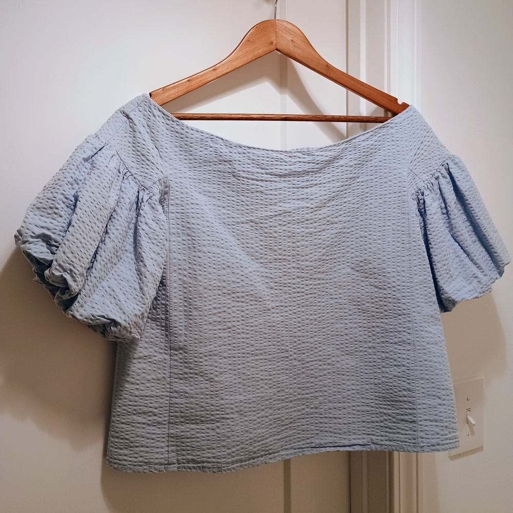 H&M Baby Blue Puff Sleeve Off Shoulder Crepe Blouse